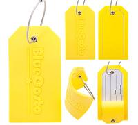 BlueCosto - Luggage Tags - Large, Yellow, 5 Pack - PVC Suitcase Tags w/Privacy Cover & Stainless Steel Wire Loops - Personalised Baggage Identifiers for Travel - Backpack Name Labels