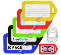 BlueCosto - Luggage Tags - Multicoloured, 10 Pack - Suitcase Tags with Name ID Card & Heavy-Duty Metal Wire Loops - Bright Coloured PVC Identifiers for Travel Baggage - Backpack Name Labels