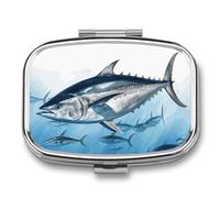 Bluefin Tuna Thunnus Pill Box 2 Compartment Portable Travel Pill Case with Mirror Square Metal Medicines Storage Container Pocket Medicine Box to Hold Vitamins Fish Oil