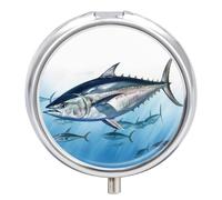 Bluefin Tuna Thunnus Pill Box 3 Compartment Waterproof Pill Case with Mirror Round Container Metal Medicine Box Organizer Portable Vitamin Case for Pocket & Purse Travel