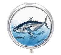 Bluefin Tuna Thunnus Portable Pill Box 3 Compartment Travel Pill Box with Round Metal Mirror for Medication Storage, Pocket Medicine Box to Hold