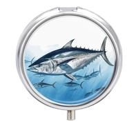 Bluefin Tuna Thunnus Travel Pill Box Case 3 Compartment Cute Pill Organizer Metal Pill Holder with Mirror Small Medicine Organizer Daily Pill Container for Purse Pocket Portable Meds Box