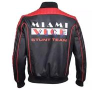 Bluefinch Fashions Miami The Fall Ryan Gossling Guy 2024 Vice Stunt Team Faux Leather Bomber Jacket (UK, Alpha, M, Regular, Regular, Black & Red)