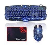 BlueFinger Gaming Keyboard and Mouse,USB Wired Backlit Gaming Mouse and Keyboard Combo,Letters Glow, 3 Color Crack Backlit,Illumination Keyboard and Mouse Set for Game and Work
