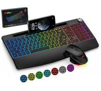BlueFinger Wireless Keyboard and Mouse Combo Backlit, 2.4G Rechargeable Ergonomic Gaming Keyboard with Wrist Rest, Phone Holder, Volume Knob, Silent Light Up Keyboard with Mouse for Computer Laptop