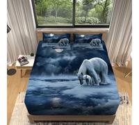 BlueFitted Sheets Polar Bear In The Moonlight Printed Bed Sheets 140 x 190 cm Deep Pocket 30cm, Double Size Fitted Sheets Easy Care Soft Brushed Microfiber Fabric Bedding Sheets