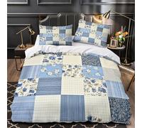 BlueFloralQuilt 3D Digital Print Duvet Cover 3pc Premium Microfibre Concealed ModernPatchworkStyle Duvet Cover 2 Pillowcases Lightweight Stain-Resistant Teens Young Adults Single (135x200cm)