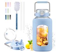 BLUEGO 2.5L Water Bottle Glass with Stainless Steel Handle 2500L Large Water Bottle with Time Markers and Silicone Sleeve Half Gallon Water Jug BPA Free for Gym Daily Use, Blue