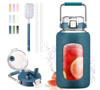 BLUEGO 2.5L Water Bottle Glass with Stainless Steel Handle 2500ml Large Water Bottle with Time Markers and Silicone Sleeve Half Gallon Water Jug BPA Free for Gym Daily Use, Dark Blue