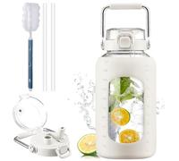 BLUEGO 2.5L Water Bottle Glass with Stainless Steel Handle 2500ml Large Water Bottle with Time Markers and Silicone Sleeve Half Gallon Water Jug BPA Free for Gym Daily Use, White