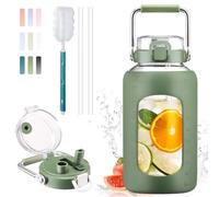 BLUEGO 2.5l Water Bottle Glass with Stainless Steel Handle 2500ml Large Water Bottle with Time Markers and Silicone Sleeve Half Gallon Water Jug BPA Free for Gym Daily Use, Olive