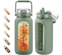 BLUEGO 2000ml Borosilicate Glass Water Bottle with Stainless Handle and Time Marker 2L Drinking Bottle with Silicone Sleeve and Straw for Gym Office Outdoor Sports Water Bottles BPA Free, Oliver