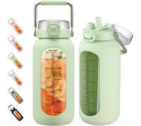 BLUEGO 2000ml Borosilicate Glass Water Bottle with Stainless Handle and Time Marker 2L Drinking Bottle with Silicone Sleeve and Straw for Gym Office Outdoor Sports Water Bottles BPA Free, Light Green