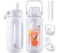 BLUEGO 2000ml Glass Water Bottles with 2 Lids Flip Lid and Spout Lid Half Gallon Water Bottle with Straw 2L Large Water Bottle with Time and Capacity Markers for Gym Home Office Leak-proof,White