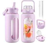 BLUEGO 2000ml Glass Water Bottles with 2 Lids Flip Lid and Spout Lid Half Gallon Water Bottle with Straw 2L Large Water Bottle with Time and Capacity Markers for Gym Home Office Leak-proof,Purple