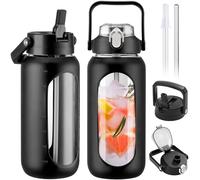 BLUEGO 2000ml Glass Water Bottles with 2 Lids Flip Lid and Spout Lid Half Gallon Water Bottle with Straw 2L Large Water Bottle with Time and Capacity Markers for Gym Home Office Leak-proof, Black