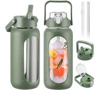 BLUEGO 2000ml Glass Water Bottles with 2 Lids Flip Lid and Spout Lid Half Gallon Water Bottle with Straw 2L Large Water Bottle with Time and Capacity Markers for Gym Home Office Leak-proof, Oliver