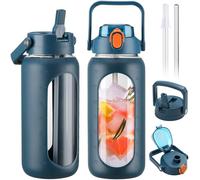 BLUEGO 2000ml Glass Water Bottles with 2 Lids Flip Lid and Spout Lid Half Gallon Water Bottle with Straw 2L Large Water Bottle with Time and Capacity Markers for Gym Home Office Leak-proof,Dark Blue