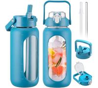 BLUEGO 2000ml Glass Water Bottles with 2 Lids Flip Lid and Spout Lid Half Gallon Water Bottle with Straw 2L Large Water Bottle with Time and Capacity Markers for Gym Home Office Leak-proof,Blue