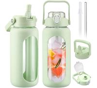 BLUEGO 2000ml Glass Water Bottles with 2 Lids Flip Lid and Spout Lid Half Gallon Water Bottle with Straw 2L Large Water Bottle with Time and Capacity Markers for Gym Home Office Leak-proof,Green