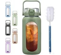 BLUEGO 2000ml Glass Water Bottles with Straw Time Marker Half Gallon Large Motivational Water Bottle with Silicone Sleeve 2 Liter Large Glass Water Jug for Gym, Sports& Workout, Daily, 02 Olive