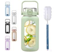 BLUEGO 2000ml Glass Water Bottles with Straw Time Marker Half Gallon Large Motivational Water Bottle with Silicone Sleeve 2 Liter Large Glass Water Jug for Gym, Sports& Workout, Daily, Green