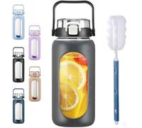 BLUEGO 2000ml Glass Water Bottles with Straw Time Marker Half Gallon Large Motivational Water Bottle with Silicone Sleeve 2 Liter Large Glass Water Jug for Gym, Sports& Workout, Daily, Dark Grey