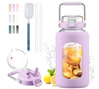BLUEGO 2500ml Water Bottle Glass with Stainless Steel Handle 2.5L Large Water Bottle with Time Markers and Silicone Sleeve Half Gallon Water Jug BPA Free for Gym Daily Use, Purple