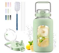 BLUEGO 2500ml Water Bottle Glass with Stainless Steel Handle 2.5L Large Water Bottle with Time Markers and Silicone Sleeve Half Gallon Water Jug BPA Free for Gym Daily Use, Light Green