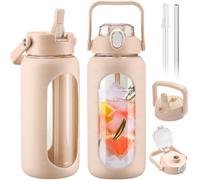BLUEGO 2L Glass Water Bottles with 2 Lids Flip Lid and Spout Lid Half Gallon Water Bottle with Straw 2000ml Large Water Bottle with Time and Capacity Markers for Gym Home Office Leak-proof, Amber