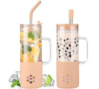 BLUEGO 600ml Glass Cup with 2 Lids and Handle, Cute Glass Tumbler with Straws and Silicone Sleeve, Iced Coffee Cup, 0.6L Smoothie Tumbler, Reusable Bubble Tea Cup, Travel Mug,Amber