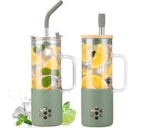 BLUEGO 600ml Glass Cup with 2 Lids and Handle, Cute Glass Tumbler with Straws and Silicone Sleeve, Iced Coffee Cup, 0.6L Smoothie Tumbler, Reusable Bubble Tea Cup,Travel Mug,Oliver