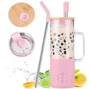 BLUEGO 600ml Glass Cup with 2 Lids and Handle, Cute Glass Tumbler with Straws and Silicone Sleeve, Iced Coffee Cup, 0.6L Smoothie Tumbler, Reusable Bubble Tea Cup, Travel Mug,Pink