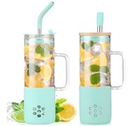BLUEGO 600ml Glass Cup with 2 Lids and Handle, Cute Glass Tumbler with Straws and Silicone Sleeve, Iced Coffee Cup, 0.6L Smoothie Tumbler, Reusable Bubble Tea Cup,Green