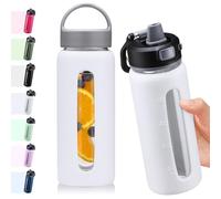 BLUEGO 600ml Glass Water Bottle with 2 Lids-One-touch Lock Lid and Handle Lid Reusable Drinking Bottle with Time Marking for Travel Home Gym Sports BPA Free, White