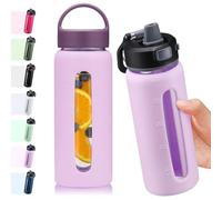 BLUEGO 600ml Glass Water Bottle with 2 Lids-One-touch Lock Lid and Handle Lid Reusable Drinking Bottle with Time Marking for Travel Home Gym Sports BPA Free, Purple