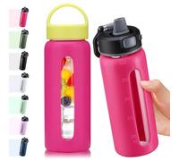 BLUEGO 600ml Glass Water Bottle with 2 Lids-One-touch Lock Lid and Handle Lid Reusable Drinking Bottle with Time Marking for Travel Home Gym Sports BPA Free, Rose Red