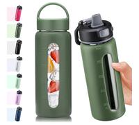 BLUEGO 600ml Glass Water Bottle with 2 Lids-One-touch Lock Lid and Handle Lid Reusable Drinking Bottle with Time Marking for Travel Home Gym Sports BPA Free, Olive