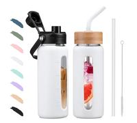 BLUEGO 600ml Glass Water Bottle with Straw and 2 Lids Glass Coffee Cup with Time Marker and Silicone Protector Glass Tumbler for Beverages Soda Cola BPA Free, White