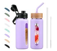 BLUEGO 600ml Glass Water Bottle with Straw and 2 Lids Glass Coffee Cup with Time Marker and Silicone Protector Glass Tumbler for Beverages Soda Cola BPA Free, Purple