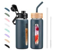 BLUEGO 600ml Glass Water Bottle with Straw and 2 Lids Glass Coffee Cup with Time Marker and Silicone Protector Glass Tumbler for Beverages Soda Cola BPA Free, Dblue