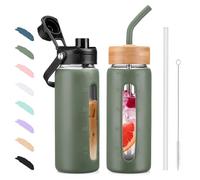 BLUEGO 600ml Glass Water Bottle with Straw and 2 Lids Glass Coffee Cup with Time Marker and Silicone Protector Glass Tumbler for Beverages Soda Cola BPA Free, Oliver