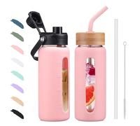 BLUEGO 600ml Glass Water Bottle with Straw and 2 Lids Glass Coffee Cup with Time Marker and Silicone Protector Glass Tumbler for Beverages Soda Cola BPA Free, Pink