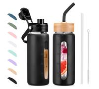 BLUEGO 600ml Glass Water Bottle with Straw and 2 Lids Glass Coffee Cup with Time Marker and Silicone Protector Glass Tumbler for Beverages Soda Cola BPA Free, Black