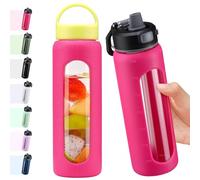 BLUEGO 700ml Glass Water Bottle with 2 Lids-One-touch Lock Lid and Handle Lid Reusable Drinking Bottle with Time Marking for Travel Home Gym Sports BPA Free, Rose Red