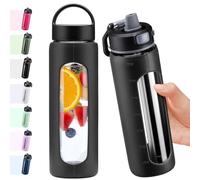 BLUEGO 700ml Glass Water Bottle with 2 Lids-One-touch Lock Lid and Handle Lid Reusable Drinking Bottle with Time Marking for Travel Home Gym Sports BPA Free, Black