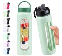 BLUEGO 700ml Glass Water Bottle with 2 Lids-One-touch Lock Lid and Handle Lid Reusable Drinking Bottle with Time Marking for Travel Home Gym Sports BPA Free, Light Blue