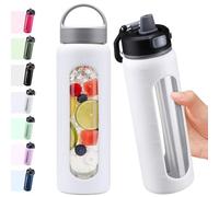 BLUEGO 700ml Glass Water Bottle with 2 Lids-One-touch Lock Lid and Handle Lid Reusable Drinking Bottle with Time Marking for Travel Home Gym Sports BPA Free, White