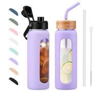 BLUEGO 700ml Glass Water Bottle with Straw and 2 Lids Glass Coffee Cup with Time Marker and Silicone Protector Glass Tumbler for Beverages Soda Cola BPA Free, Purple