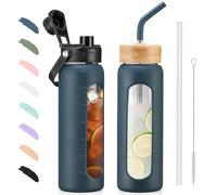 BLUEGO 700ml Glass Water Bottle with Straw and 2 Lids Glass Coffee Cup with Time Marker and Silicone Protector Glass Tumbler for Beverages Soda Cola BPA Free, Dblue